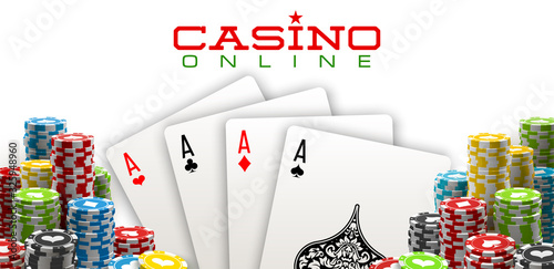 Stack of colored casino chips with playing cards isolated on a white background. Big win jackpot poker in Online web casino illustration. Realistic luxury fortune banner with playing cards games bet