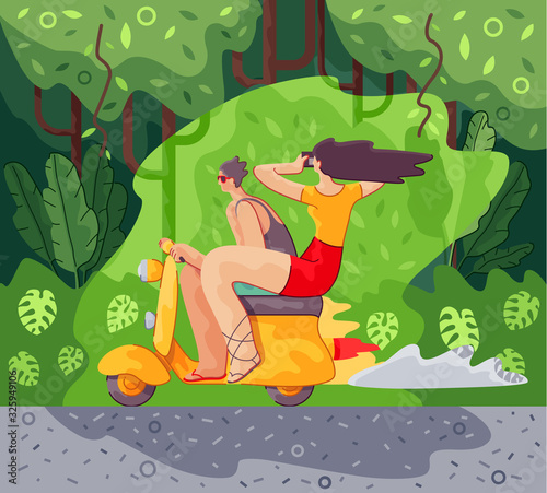 Young woman is shooting photos while riding on scooter near tropical forest. Two yong people are rifing on scooter in tropical location.