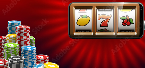 Illustration banner of mobile online casino application with 777 big win slot machine. Realistic advertising poster with online mobile app casino and Jackpot 777. Play now in One Armed Bandit banner