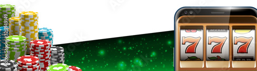 Illustration banner of mobile online casino application with 777 big win slot machine. Realistic advertising poster with online mobile app casino and Jackpot 777. Play now in One Armed Bandit banner