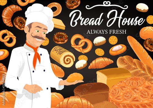 Baker with bread and bakery shop food. Vector pastry chef, white hat and loaves of wheat bread, baguette, croissant and toasts, bagel, donut, cookie and sweet buns, pretzel, pie, cheese tart and roll