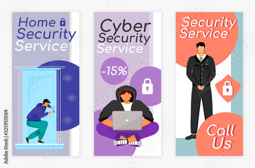Security services flyers flat vector templates set. Home protection. Cyber safety. Printable leaflet design layout. Advertising web vertical banner, social media stories