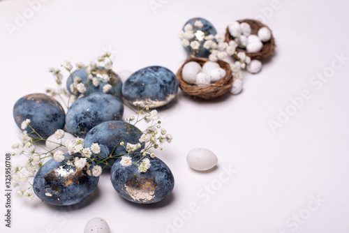 Frame background with robin eggs eggs with copy space for text. isolated. Ester concept