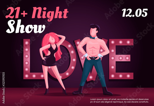 Adult night show banner flat vector template. Brochure, poster concept design with cartoon characters. Male and female striptease performance horizontal flyer, leaflet with place for text