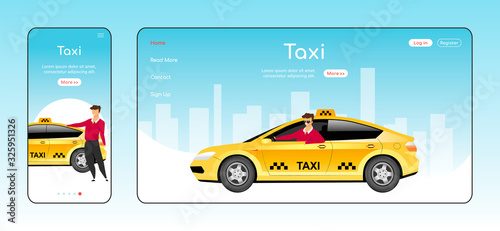 Taxi responsive landing page flat color vector template. Car order service homepage layout. One page website UI with cartoon character. Express cab delivery adaptive webpage cross platform design