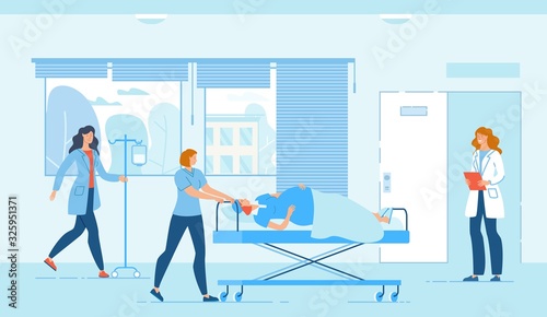 Maternity Department. Medical Staff and Pregnant Woman on Moving Bed. Nurse, Midwife, Doctor in Uniform. Preparation for Childbirth. Clinic Interior with Drop Counter Equipment. Vector Illustration