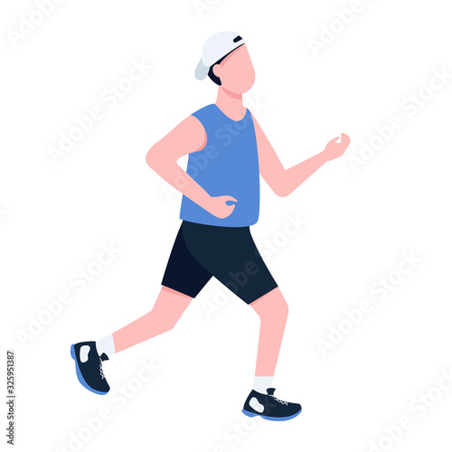 Fototapeta Naklejka Na Ścianę i Meble -  Man jogging outside flat color vector faceless character. Male jogger in sportswear and sneakers running outdoors, athlete training isolated cartoon illustration for web graphic design and animation