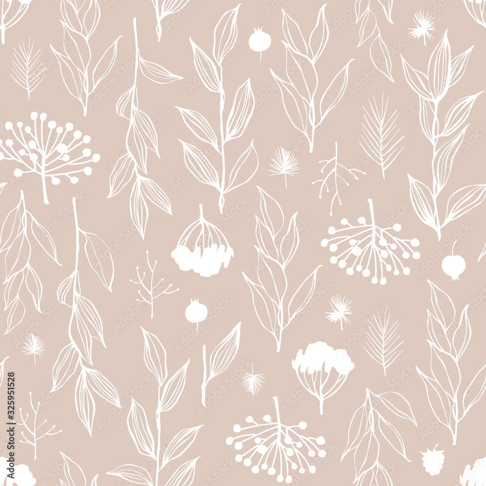 Seamless pattern with hand drawn branches and berries.