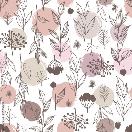 Tropical trendy seamless pattern with hand drawn branches.