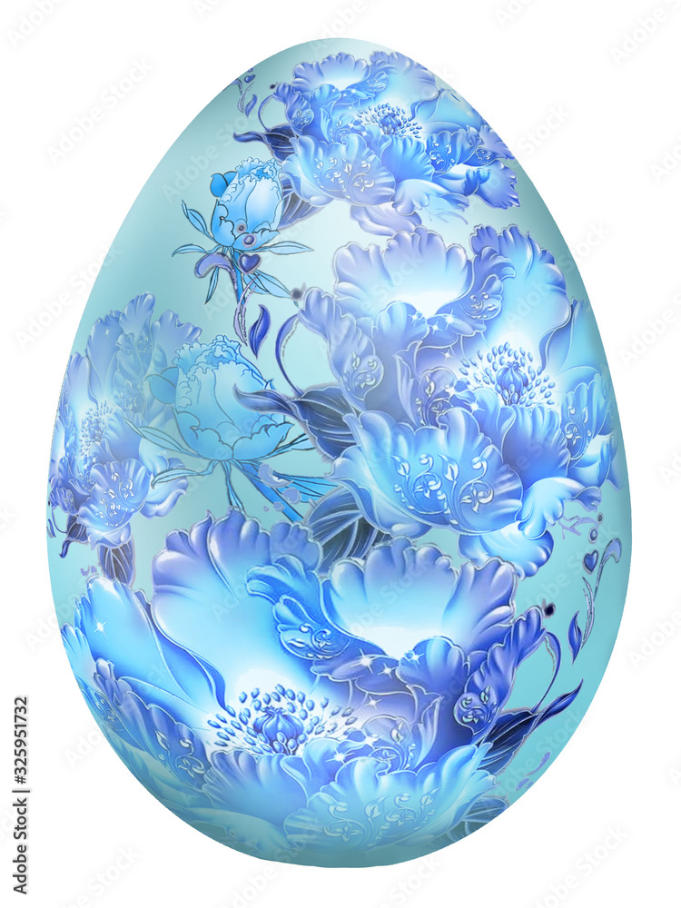 Creative composition with the image of a decorated Easter egg. Flowers and leaves, blue tones, background for Easter. Creative composition with the image of a decorated Easter egg. Flowers and leaves, blue tones, background for Easter.