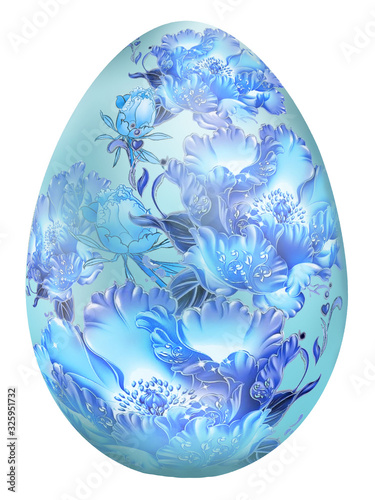 Creative composition with the image of a decorated Easter egg. Flowers and leaves  blue tones  background for Easter.