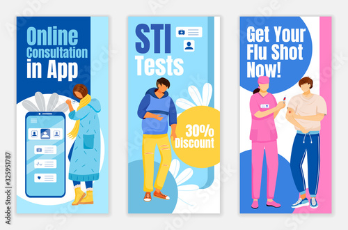 Online consultation in app flyers flat vector templates set. STI test discount printable leaflet design layout. Get your flu shot now advertising web vertical banner, social media stories