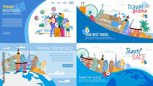 Travel Sale, Transportation Insurance, Promotion and Advertising World Cruise and Tour Routs Landing Page Set. Tourists Family on Vacation. Famous Landmarks and Attractions Design. Vector Illustration