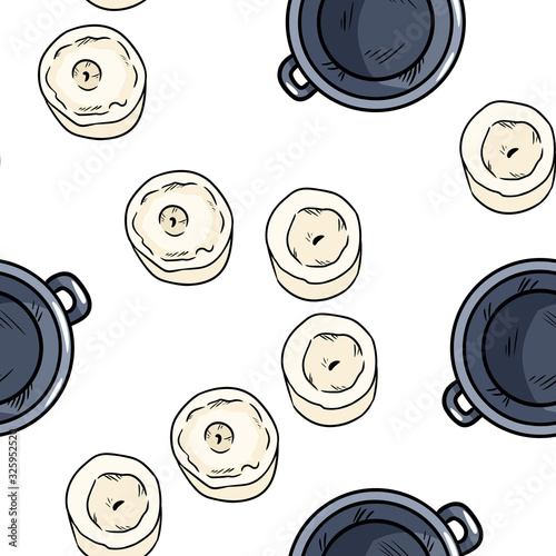 Candles and magic cauldrons comic style doodles top view seamless pattern. Vector wiccan altar boho template texture background tile