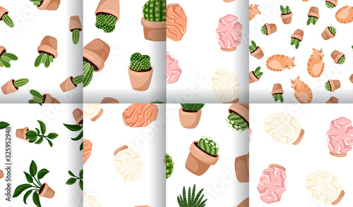 Hygge set of potted succulents plants and himalayan salt lamps seamless patterns. Cozy lagom scandinavian style texture background tiles