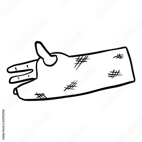 Broken arm cast doodle. Injured limb in gypsum plaster. Media glyph graphic symbol