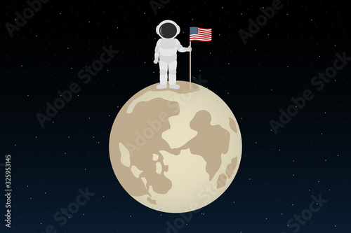 Astronaut stand on moon and hold American flag. Cartoon style. Vector illustration.