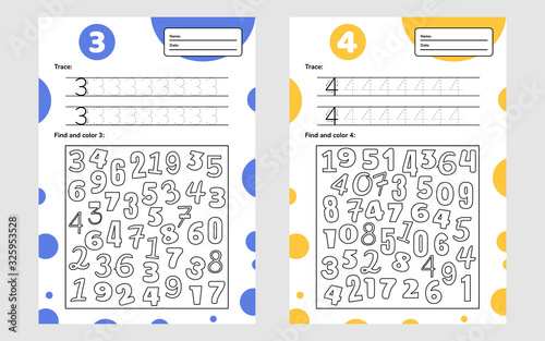 Educational worksheet for preschool and school kids. Number game for children. Trace, find and color. Three, four.