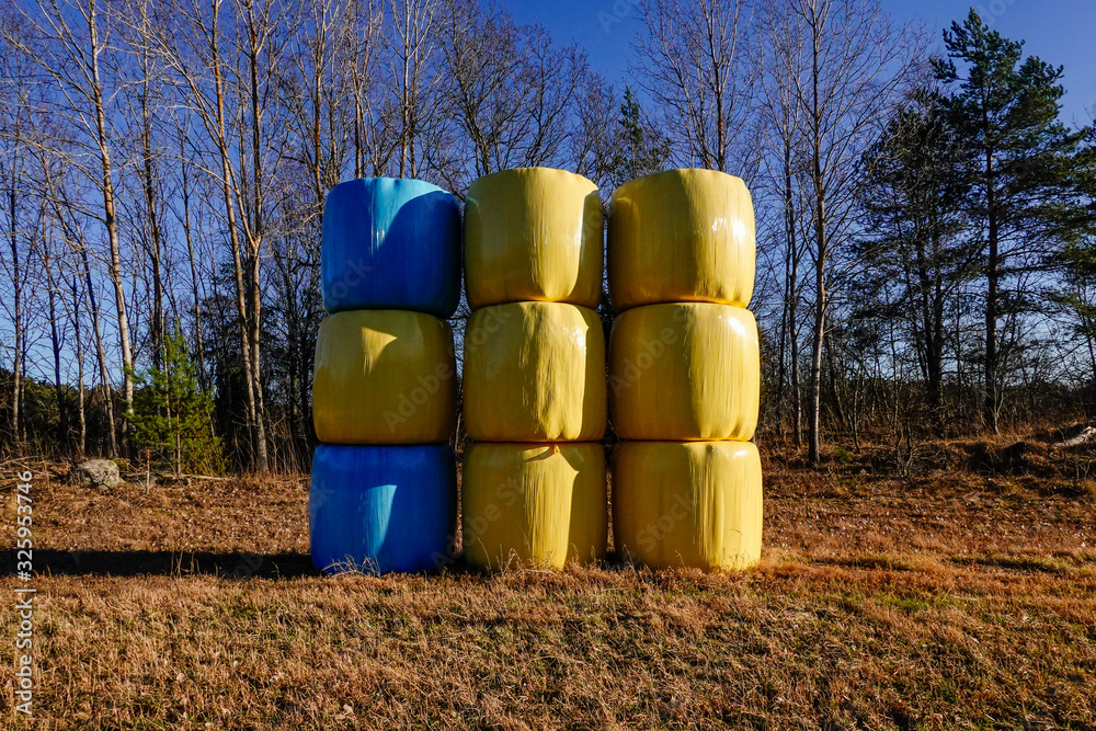 Obraz premium Norrtalje, Sweden Hay bales in a field covered in breathable plastic colored in yellow and blue, the colors of the Swedish fla.