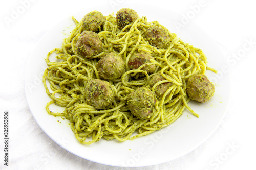 meatballs with pasta and pesto sauce
