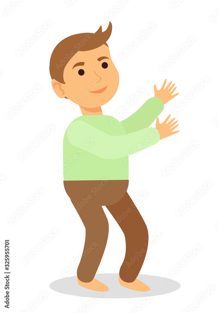 Boy standing on floor and looking up. Little kid with brown hair try to go. Child preschool age playing alone in room. Toddler isolated on white background. Vector illustration in flat style