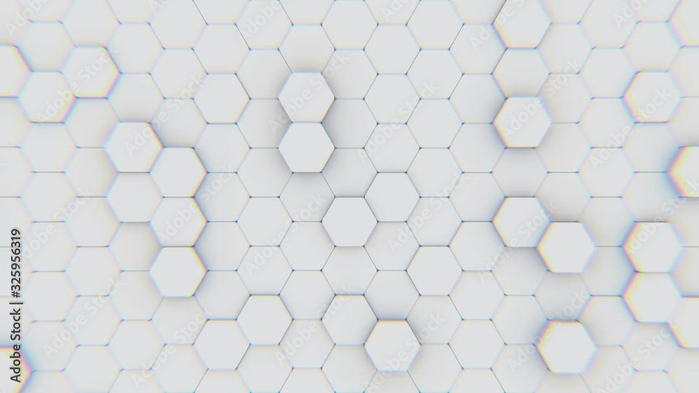 The bokeh effect of light scattering on the surface of a moving hexagonal grid. Seamless loop.