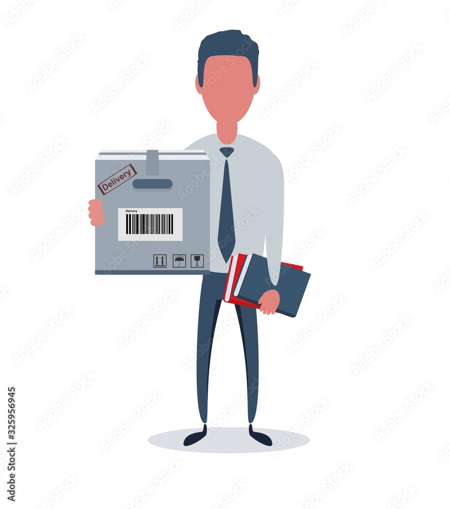 Businessman or clerk. Male character in trendy simple style with objects, flat vector illustration. Business concept. Isolated on white background.