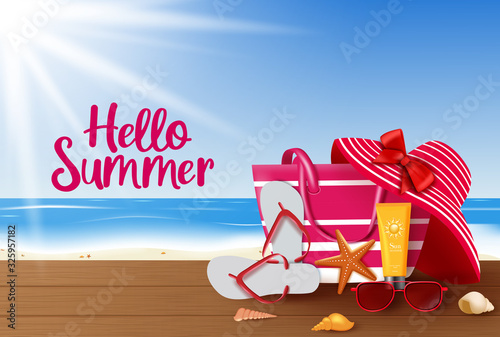 Summer vector background design. Hello summer greeting text with summer vacation travel elements like beach bag, hat, sunglasses, flipflop and sunscreen in beach background. Vector illustration. 