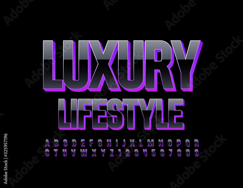 Vector stylish logo Luxury Lifestyle. Elegant Black nd Violet Font. Magic Alphabet Letters and Numbers.
