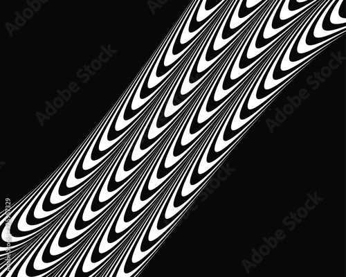  Abstract background with optical illusion wave. Black and white horizontal lines with wavy distortion effect for prints, web pages, template, posters, monochrome backgrounds and pattern