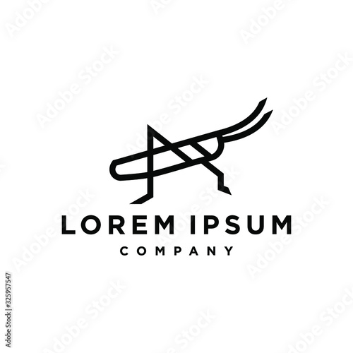 Grasshopper mantis logo, cricket insect icon in trendy minimal Geometric line linear style