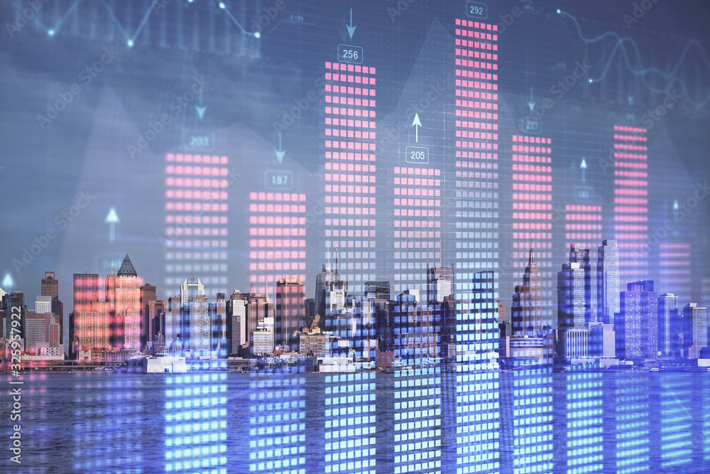 Obraz premium Forex chart on cityscape with skyscrapers wallpaper double exposure. Financial research concept.