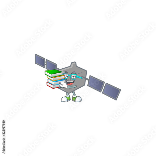 A brainy clever cartoon character of satellite network studying with some books