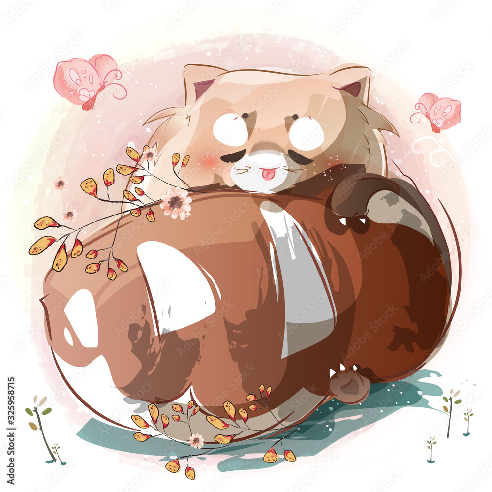 Obraz The cute raccoon sleeps comfortably on its furry tail in spring.