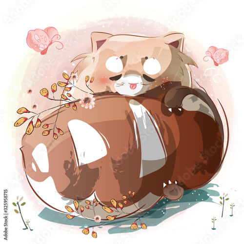 Obraz na płótnie The cute raccoon sleeps comfortably on its furry tail in spring.