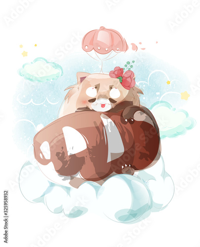 Obraz na płótnie Cute raccoon sleeping on the soft fluffy clouds in the spring with a balloon in the warm sky