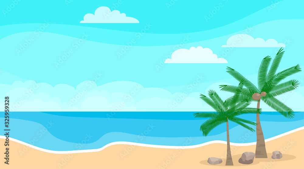 Seascape. Sea, clouds, beach and palm trees. Sea landscape with palm trees and blue sea. Vector, cartoon illustration.