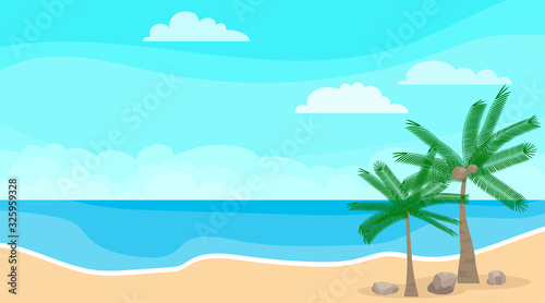 Seascape. Sea, clouds, beach and palm trees. Sea landscape with palm trees and blue sea. Vector, cartoon illustration.