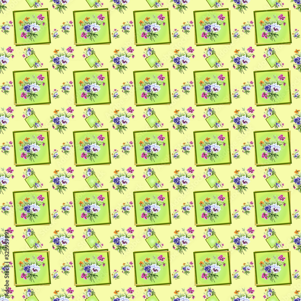Creative composition with the image of bouquets of flowers and squares on a yellow field. Abstraction. Seamless background. Drawing for fabric. Creative composition with the image of bouquets of flowers and squares on a yellow field. Abstraction. Seamless background. Drawing for fabric.