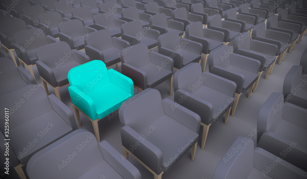Fototapeta premium Concept or conceptual blue armchair standing out in a conference room as a metaphor for leadership, vision and strategy. A 3d illustration of individuality, creativity and achievement