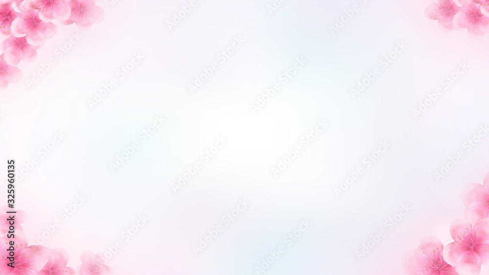 oblong Japanese Spring Sakura cherry blossoms rectangle website voucher banner background. 3D Illustration Clip-Art with Floral spring petal design header. copy space in pink, white and blue
