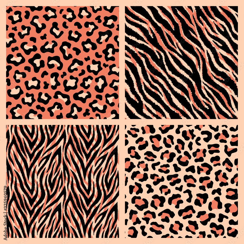 Naklejka premium Set of realistic detailed animalistic seamless patterns. Exotic animal backgrounds. Leopard, tiger, jaguar prints. 