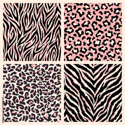 Set of realistic detailed animalistic seamless patterns. Exotic animal backgrounds. Leopard, tiger, zebra, jaguar prints.	