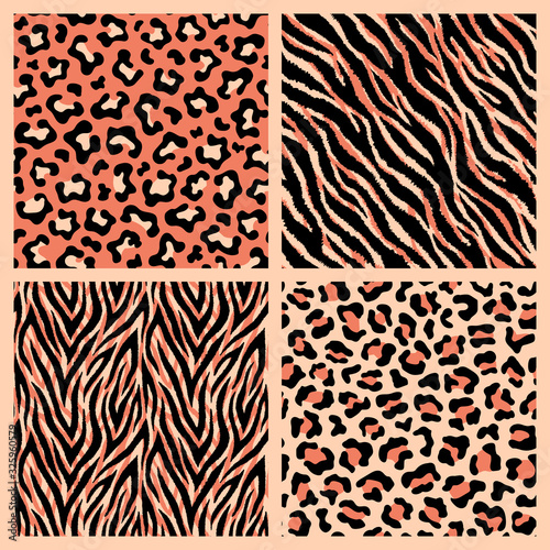 Set of realistic detailed animalistic seamless patterns. Exotic animal backgrounds. Leopard, tiger, jaguar prints.	