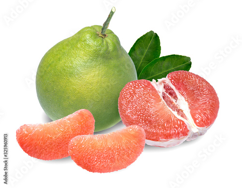 Red Pomelo citrus fruit on white background,Whole pomelo with slice isolated on white background.(With clipping path)