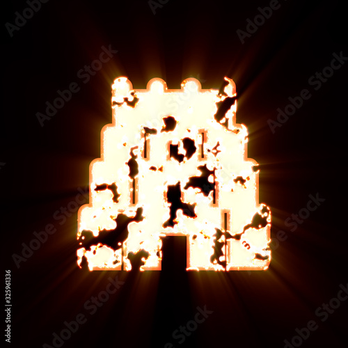 Symbol gopuram burned on a black background. Bright shine photo