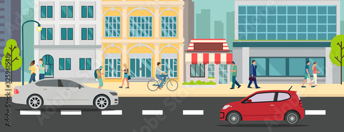 Cityscape with people walking and car on street vector illustration.Business buildings and business man walk.Urban city with car on road.Business town scene