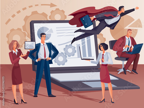 on the background of a large open laptop there is a team of men and women who are trying to solve the problem successfully,
