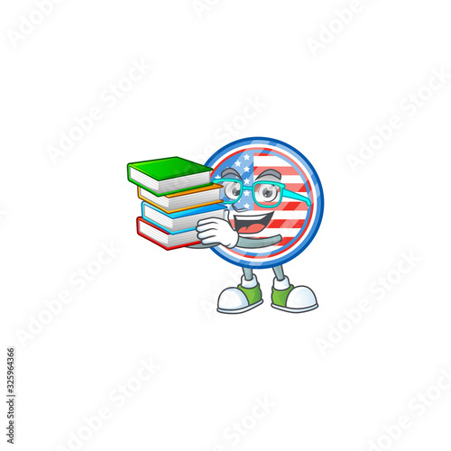 A brainy clever cartoon character of circle badges USA studying with some books