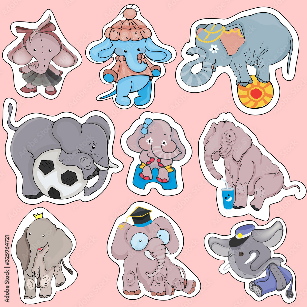 Vector set of cute isolated elephants. Great for baby shower and kids design.